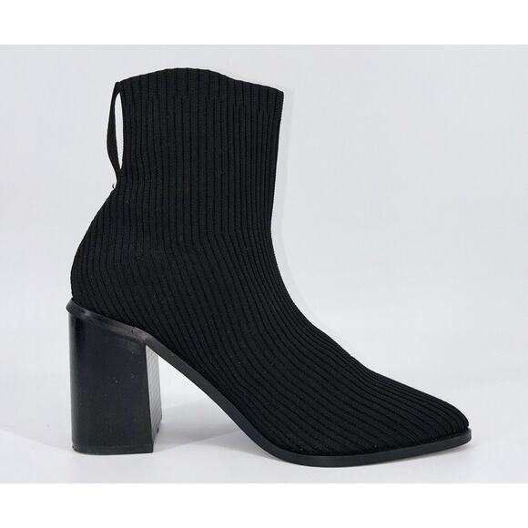 LULUS Farlie Ribbed Knit Pointed Toe Sock Boots Black Size 8 Block Heel Ankle - Picture 9 of 10